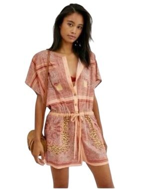 Free People Intimately | Paisley Leopard Print Short Sleeve Romper, size S